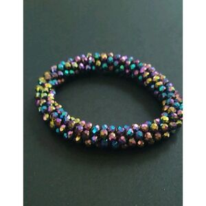 Iridescent Rainbow Faceted Glass Bead Woven Stretch Bracelet Purple 10mm